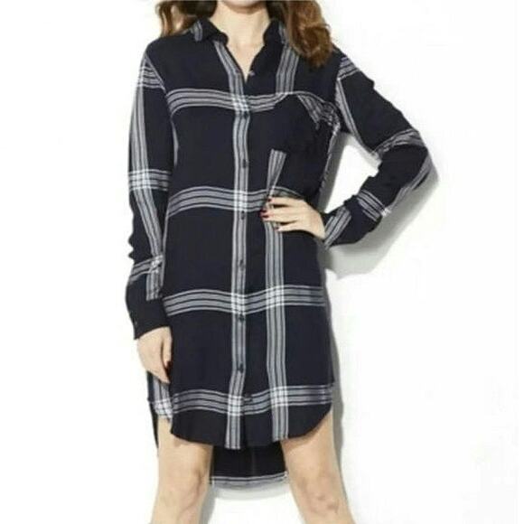 Rails Plaid Navy Blue White High Low Long Sleeve Button Down Shirtdress Size S - Picture 1 of 16